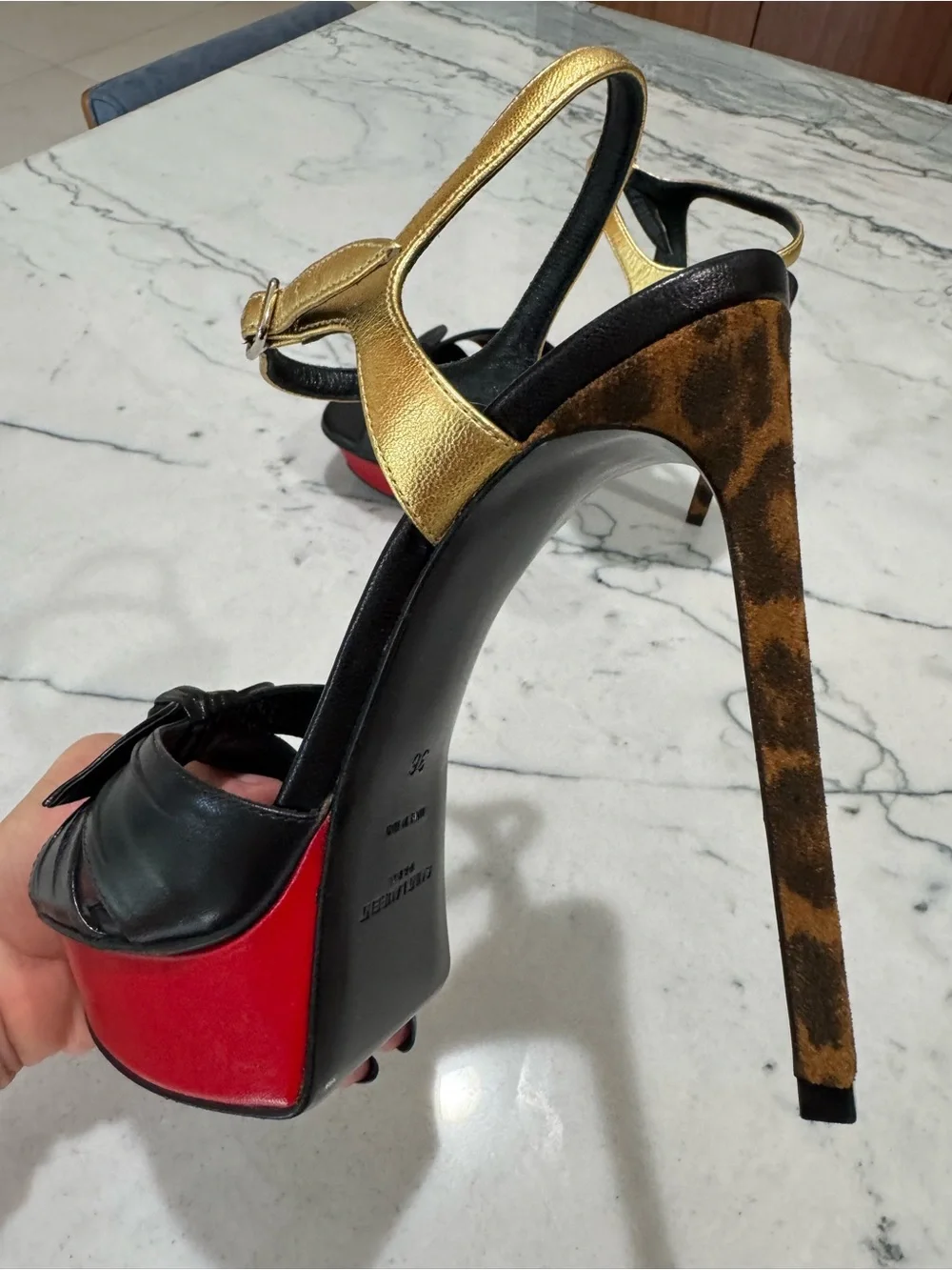 Saint Laurent Bowfront Platform Leopard Embossed Stiletto Heel Sandals - Picture 10 of 11